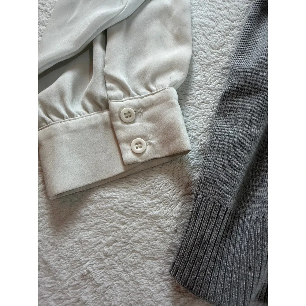 Adrianna Papell Mixed Media Cardigan Grey Knit White Chiffon Sleeve Pearl Button